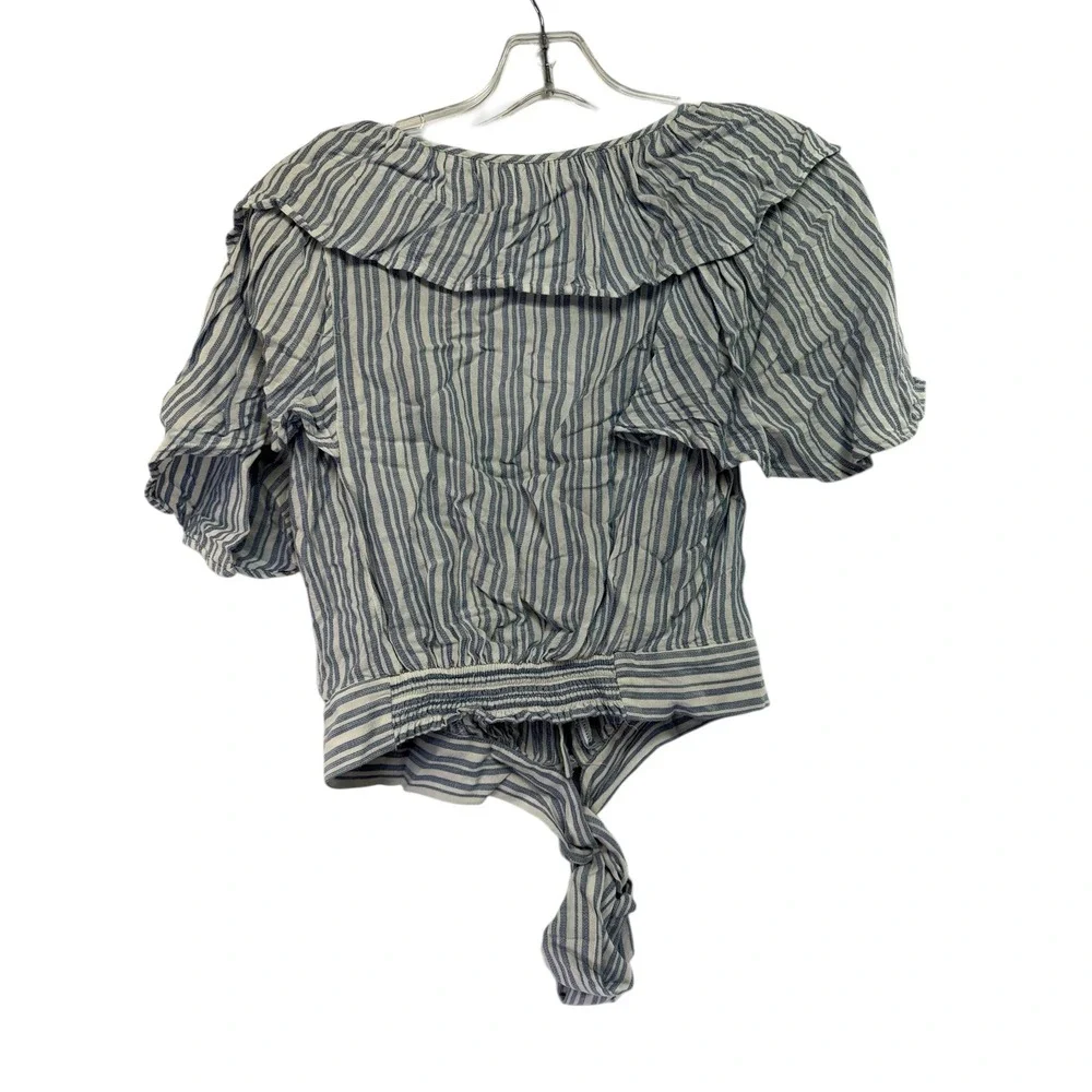 Free People Striped Ruffle Tie Front Blouse Top Blue White Sz XS (J12)